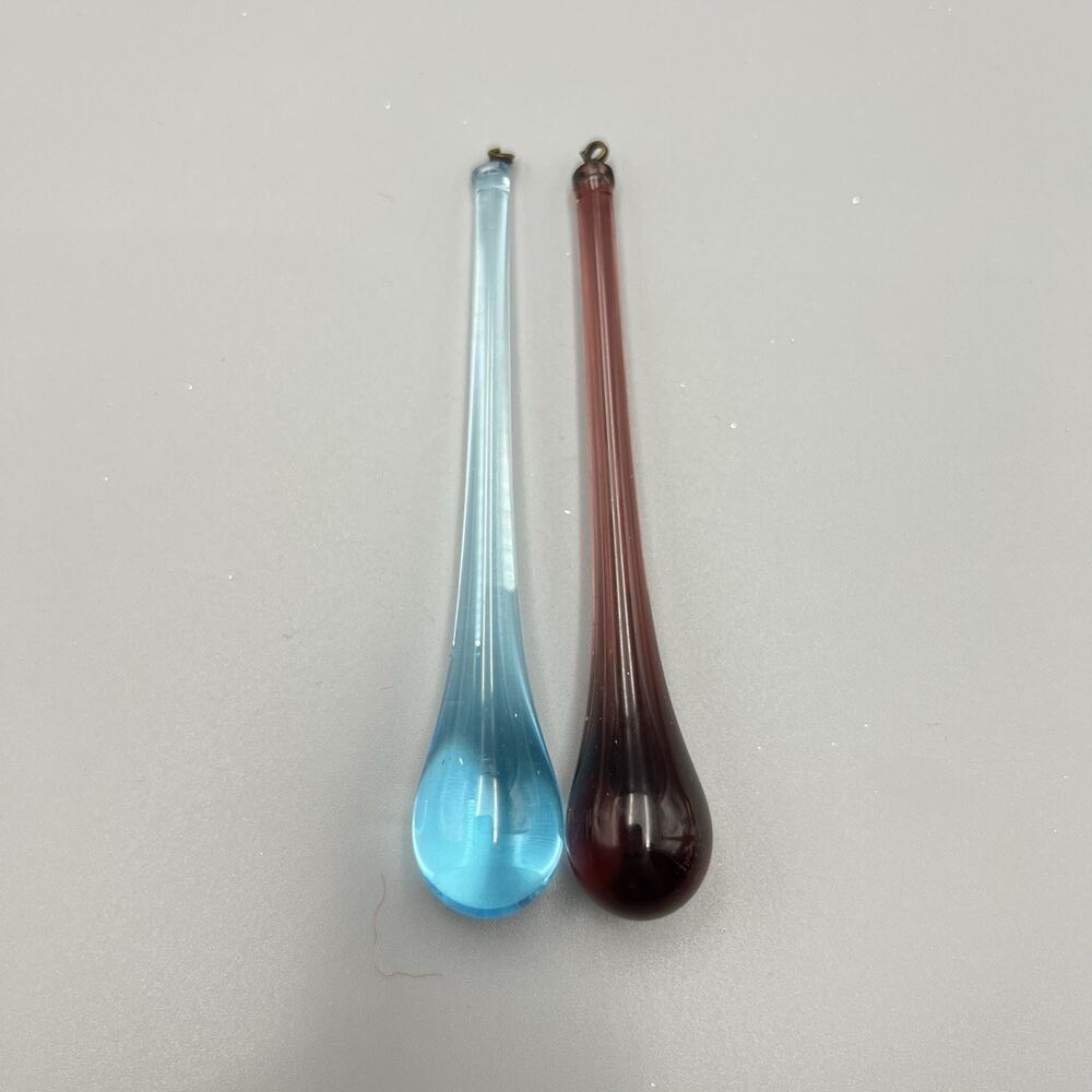 Pair Hand Blown Glass Teardrop Christmas Ornaments Prisms Aqua Amethyst MCM 4”